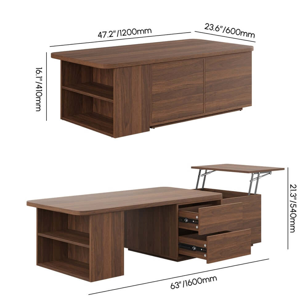 Walnut Japandi Lift-Top Coffee Table With Storage Dimensions