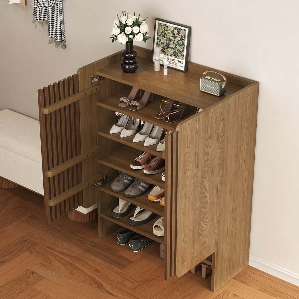 Walnut Japandi Style Freestanding Shoe Cabinet with Storage