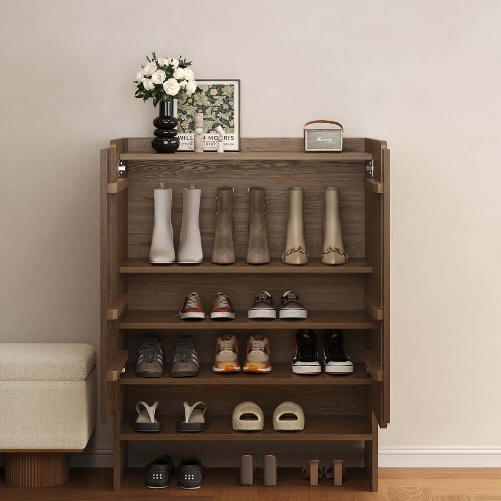 Walnut Japandi Style Freestanding Shoe Cabinet with Storage
