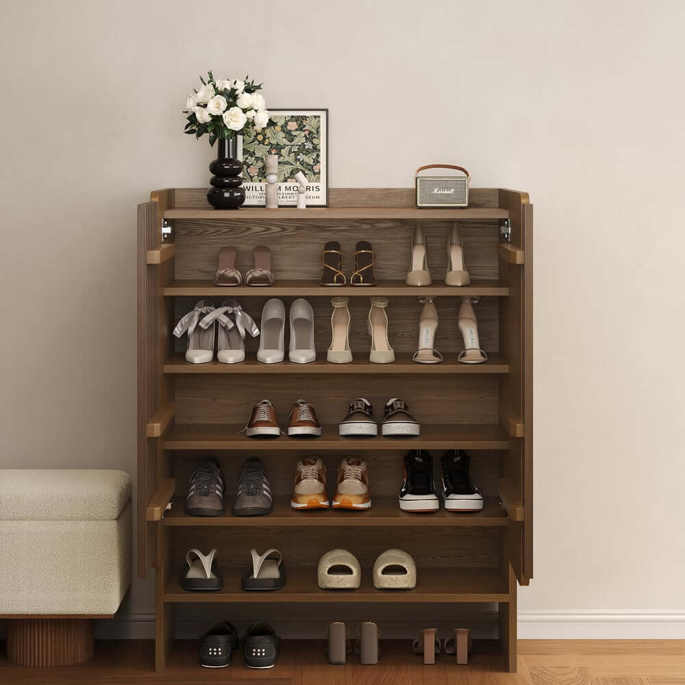 Walnut Japandi Style Freestanding Shoe Cabinet with Storage
