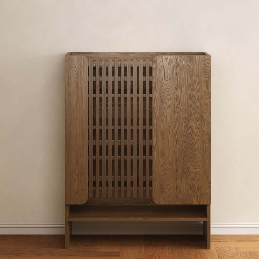 Walnut Japandi Style Freestanding Shoe Cabinet with Storage