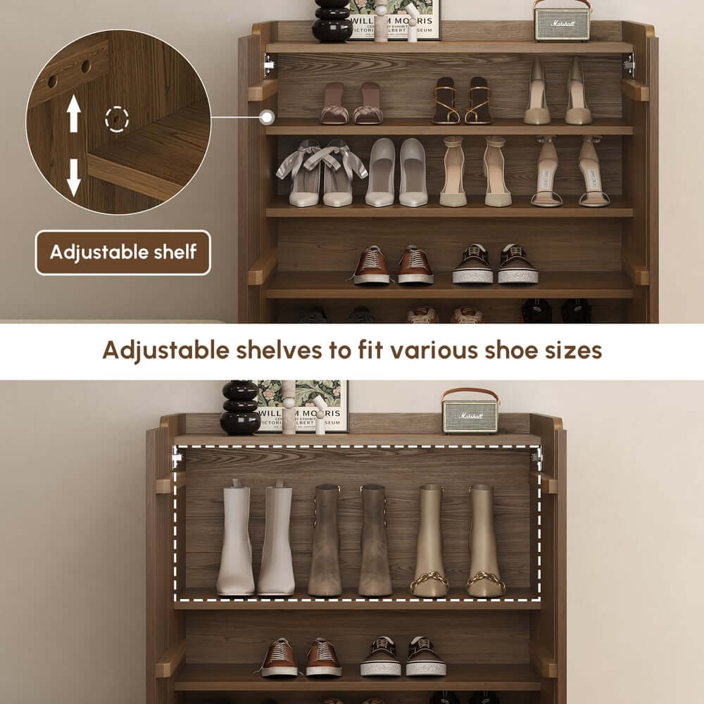 Walnut Japandi Style Freestanding Shoe Cabinet with Storage