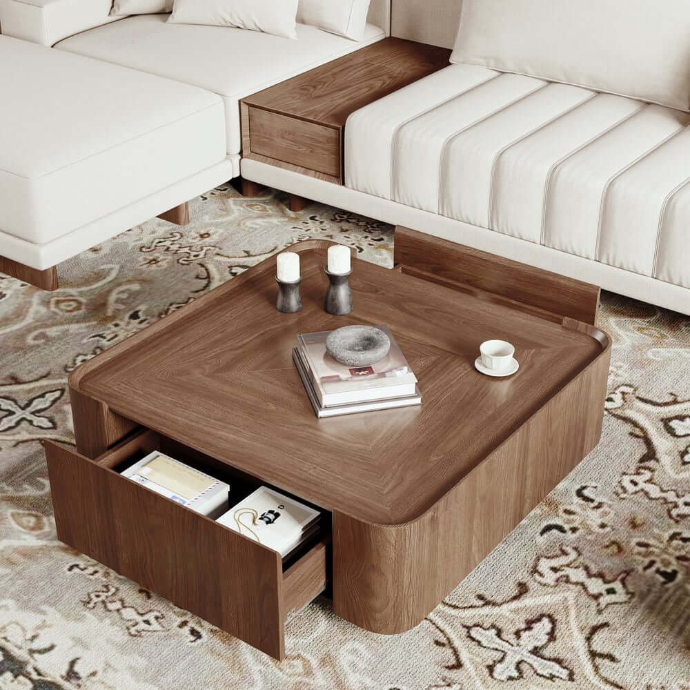 Walnut Mid-Century Modern Coffee Table With Drawers