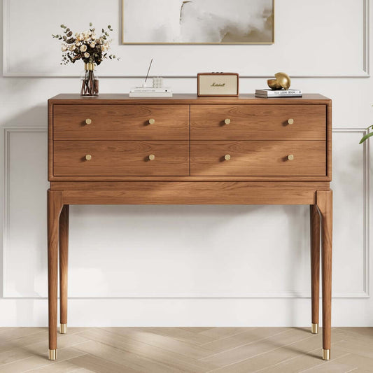 Walnut Mid-Century Modern Console Table with Gold Base
