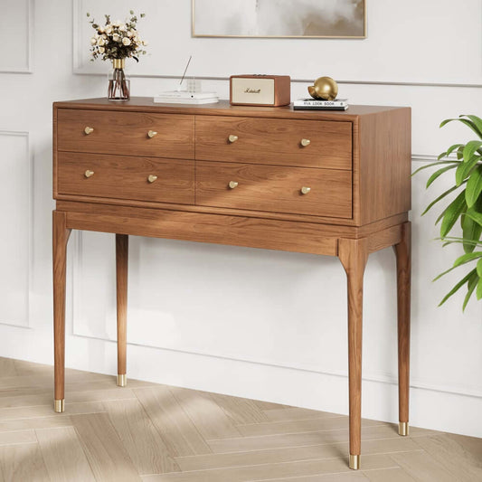 Walnut Mid-Century Modern Console Table with Gold Base Main Product Image