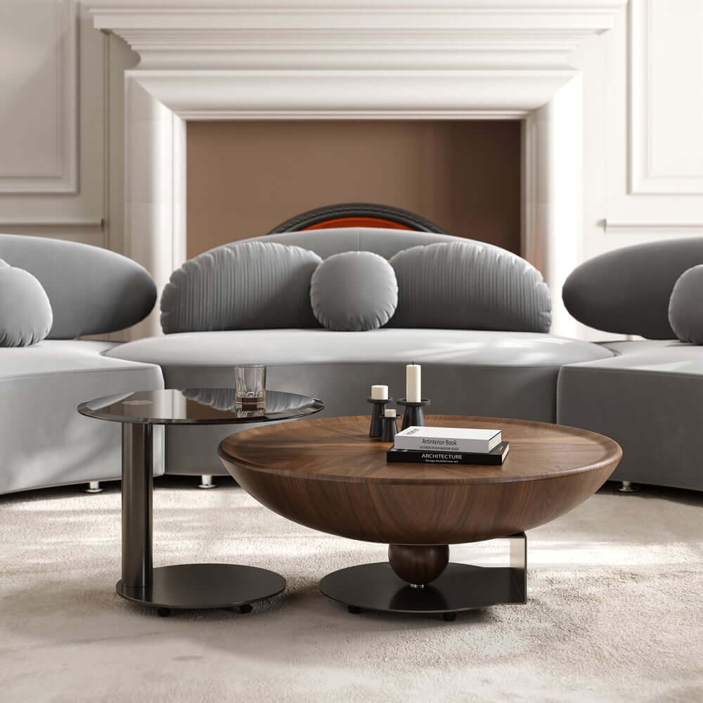 Walnut Modern Round Nesting Coffee Table Set