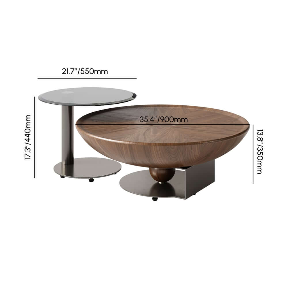Walnut Modern Round Nesting Coffee Table Set Dimensions
