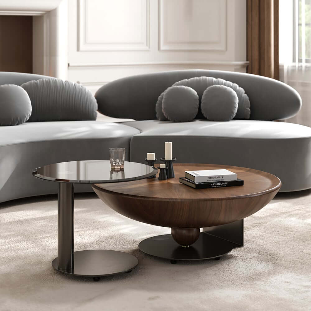 Walnut Modern Round Nesting Coffee Table Set – Hompkin