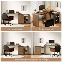Walnut Modern Writing Desk with 4 Drawers and Rotating Design