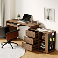 Walnut Modern Writing Desk with 4 Drawers and Rotating Design