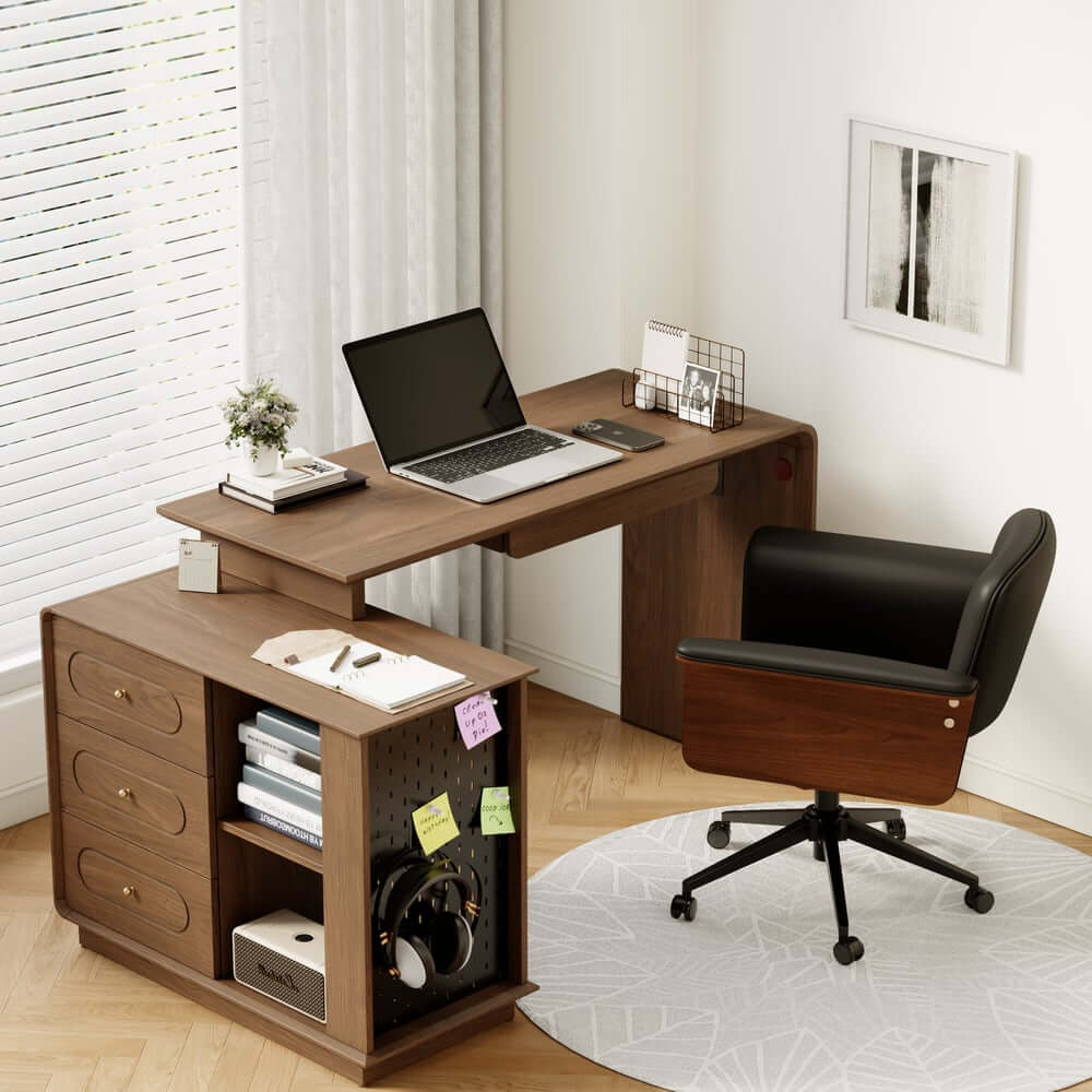 Walnut Modern Writing Desk with 4 Drawers and Rotating Design