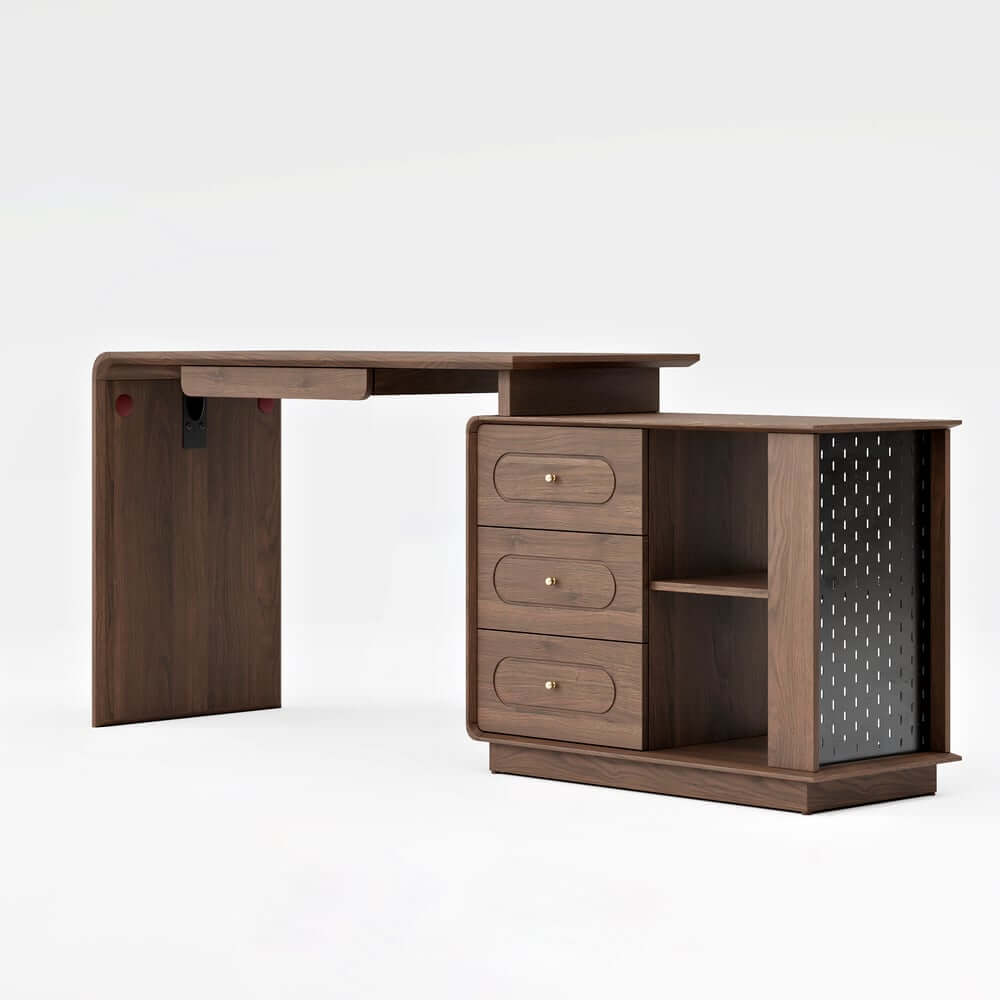 Walnut Modern Writing Desk with 4 Drawers and Rotating Design