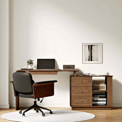 Walnut Modern Writing Desk with 4 Drawers and Rotating Design