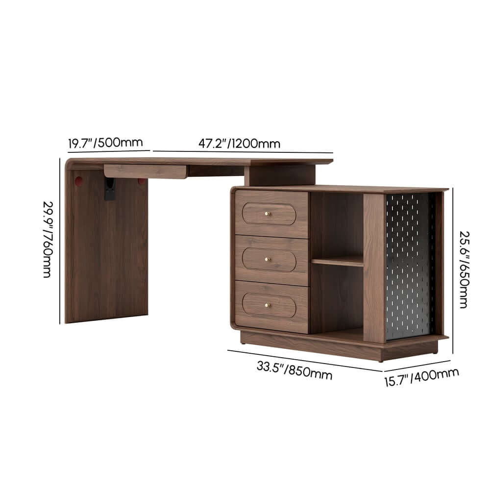 Walnut Modern Writing Desk with 4 Drawers and Rotating Design Dimensions