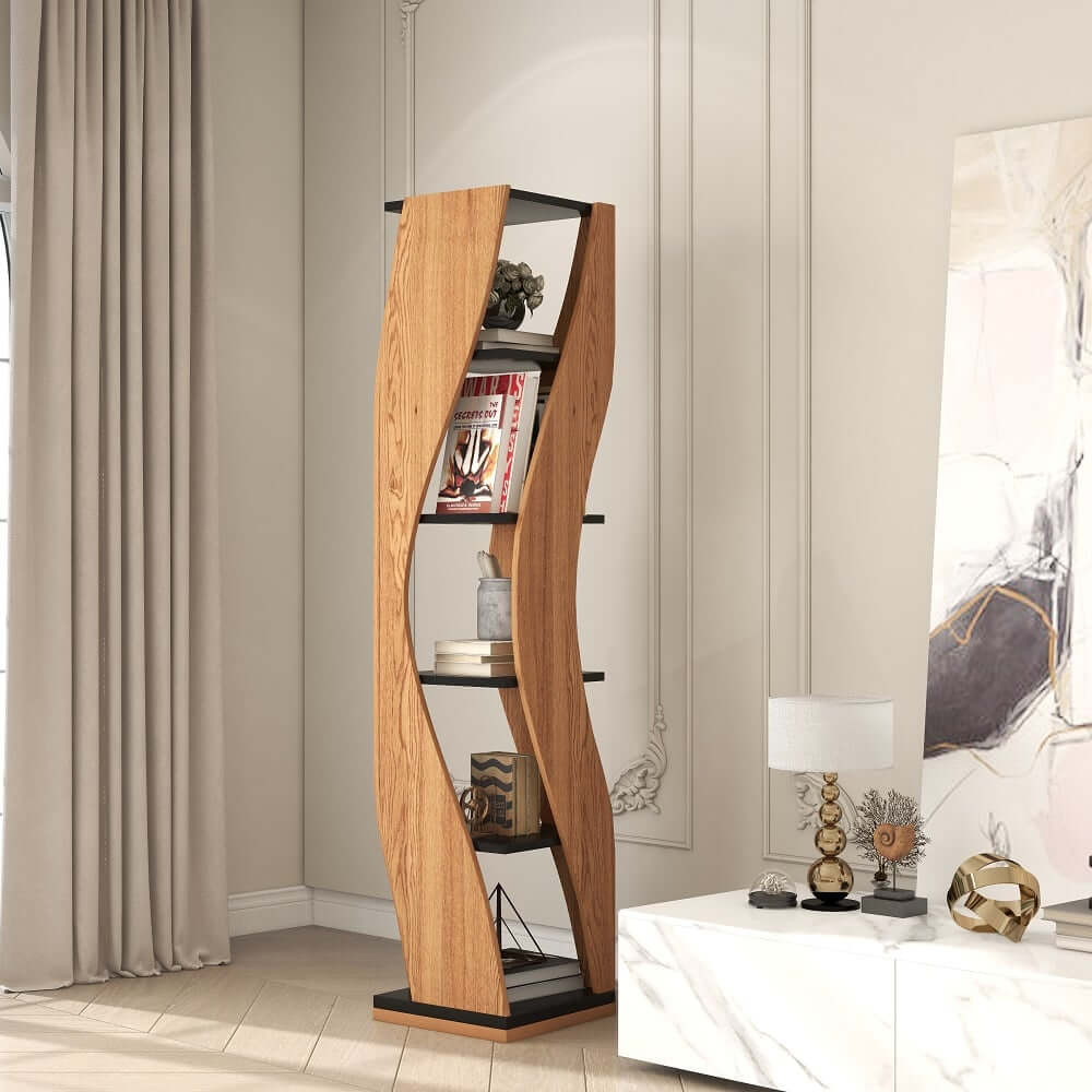 Walnut Natural MDF 5-Tier Rotating Geometric Bookshelf