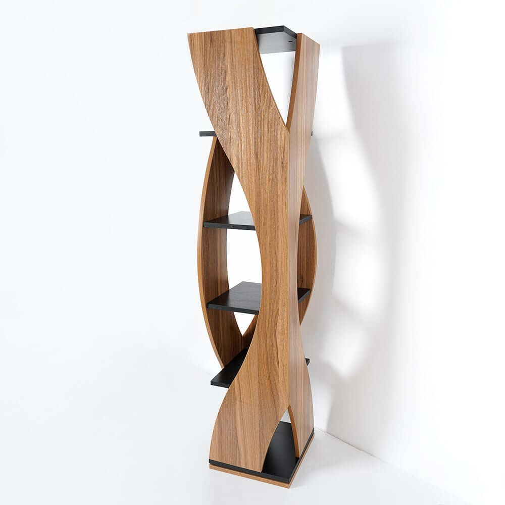 Walnut Natural MDF 5-Tier Rotating Geometric Bookshelf