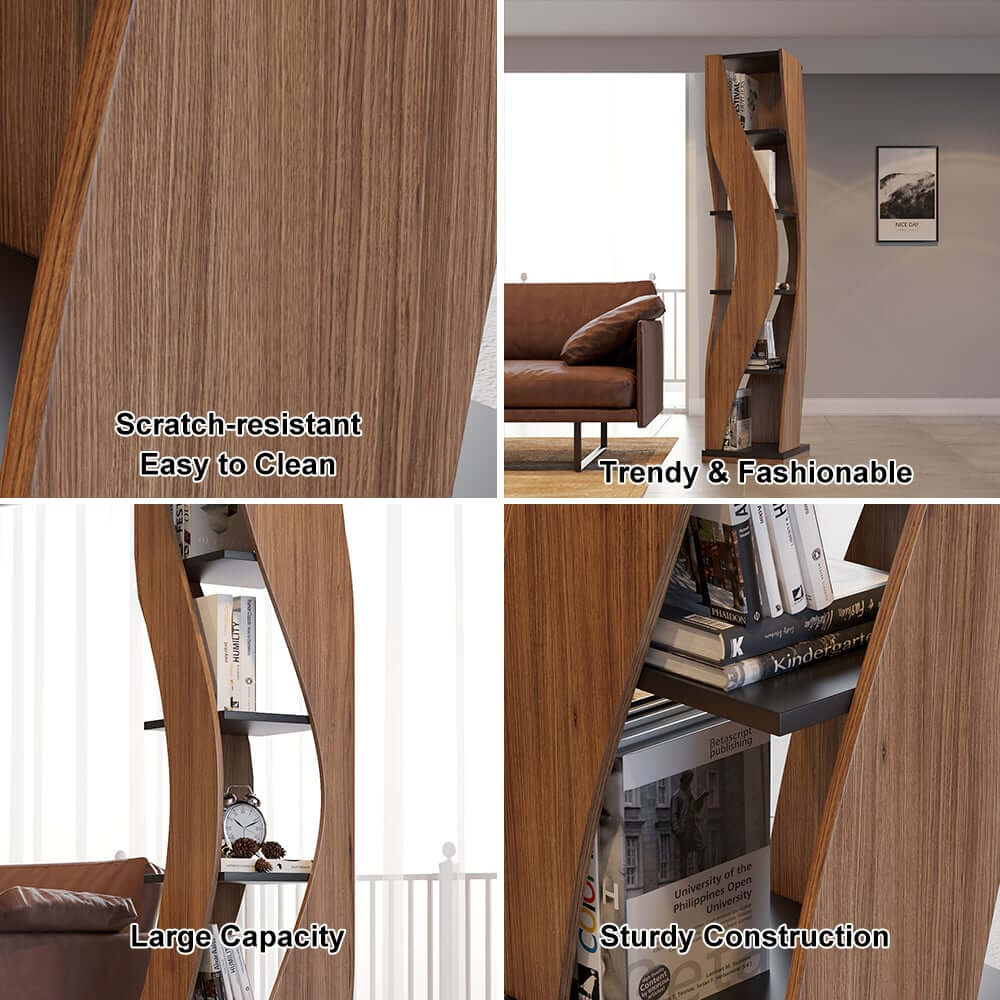 Walnut Natural MDF 5-Tier Rotating Geometric Bookshelf