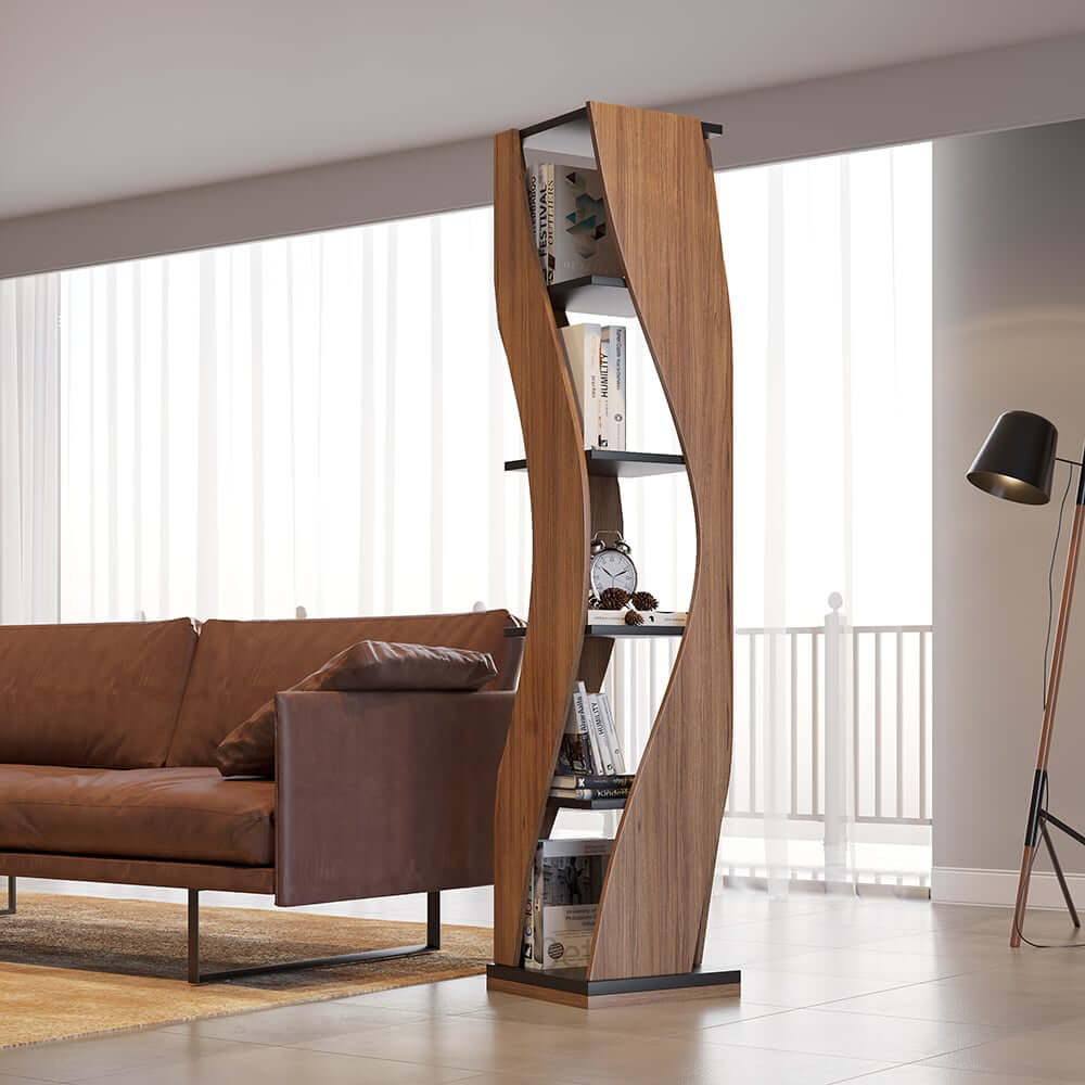 Walnut Natural MDF 5-Tier Rotating Geometric Bookshelf Main Product Image