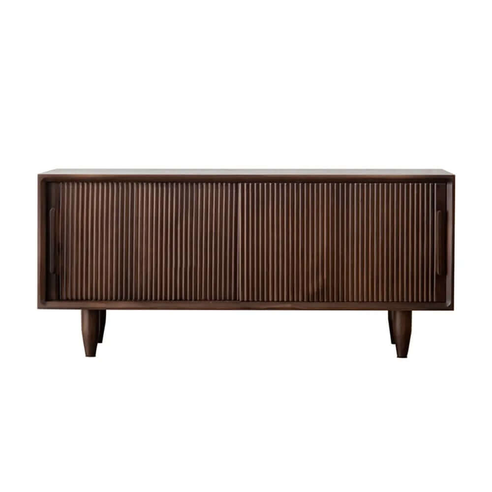 Walnut Pine Wood Modern Storage Bench with Sliding Doors