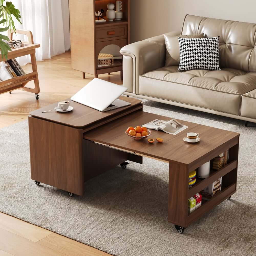 Walnut Rectangular Coffee Table With Rotatable Base