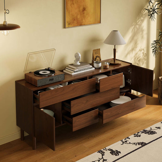 Walnut Retro Sideboard Credenza with Push-to-Open Drawers and Solid Wood Legs