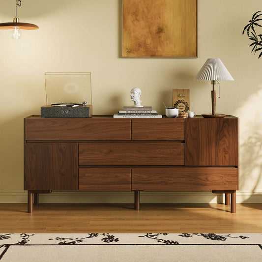 Walnut Retro Sideboard Credenza with Push-to-Open Drawers and Solid Wood Legs Main Product Image