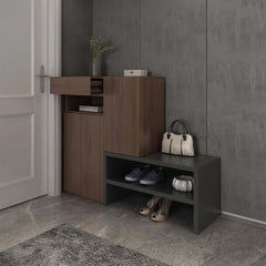 Walnut Shoe Cabinet with 7 Shelves and 1 Drawer, Modern Design