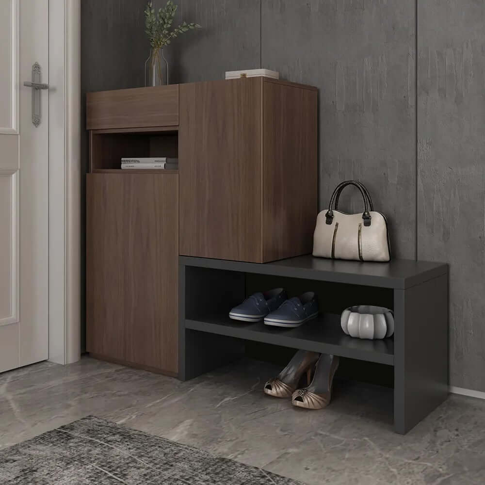 Walnut Shoe Cabinet with 7 Shelves and 1 Drawer, Modern Design