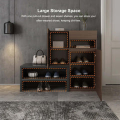 Walnut Shoe Cabinet with 7 Shelves and 1 Drawer, Modern Design