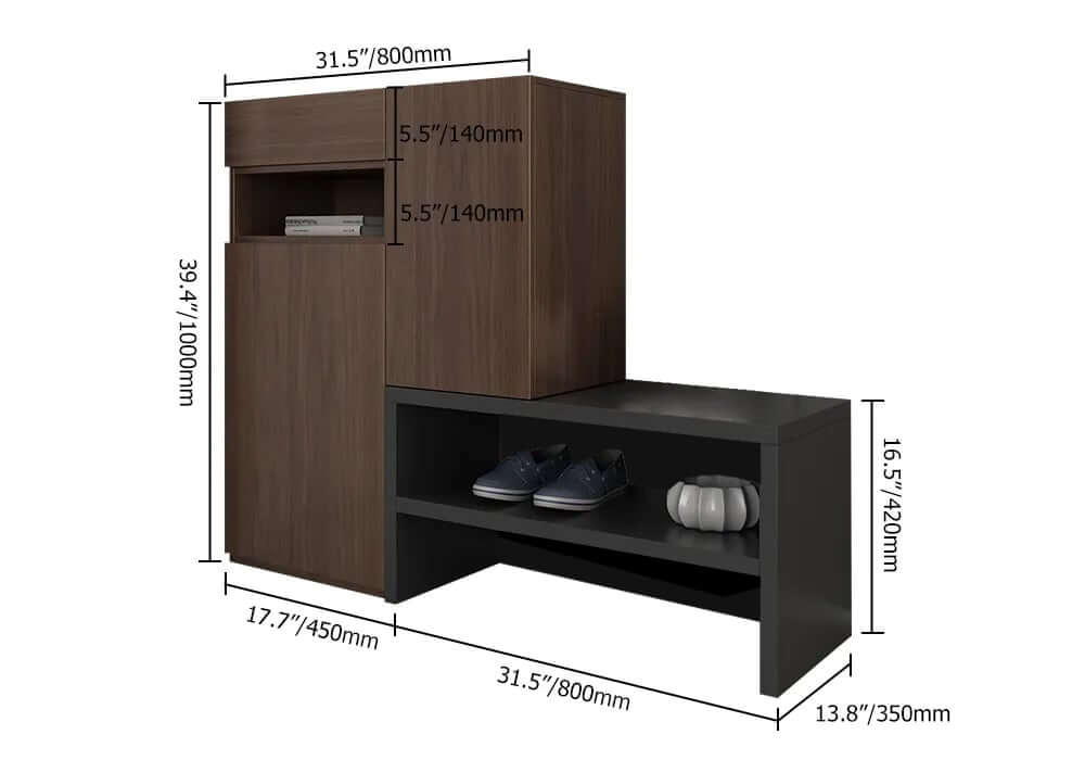 Walnut Shoe Cabinet with 7 Shelves and 1 Drawer, Modern Design Dimensions