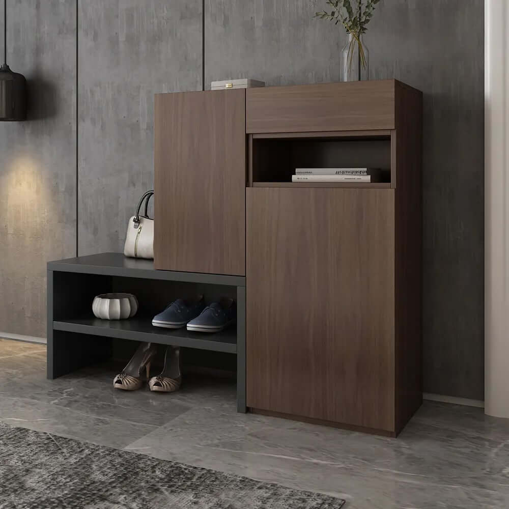 Walnut Shoe Cabinet with 7 Shelves and 1 Drawer, Modern Design Main Product Image
