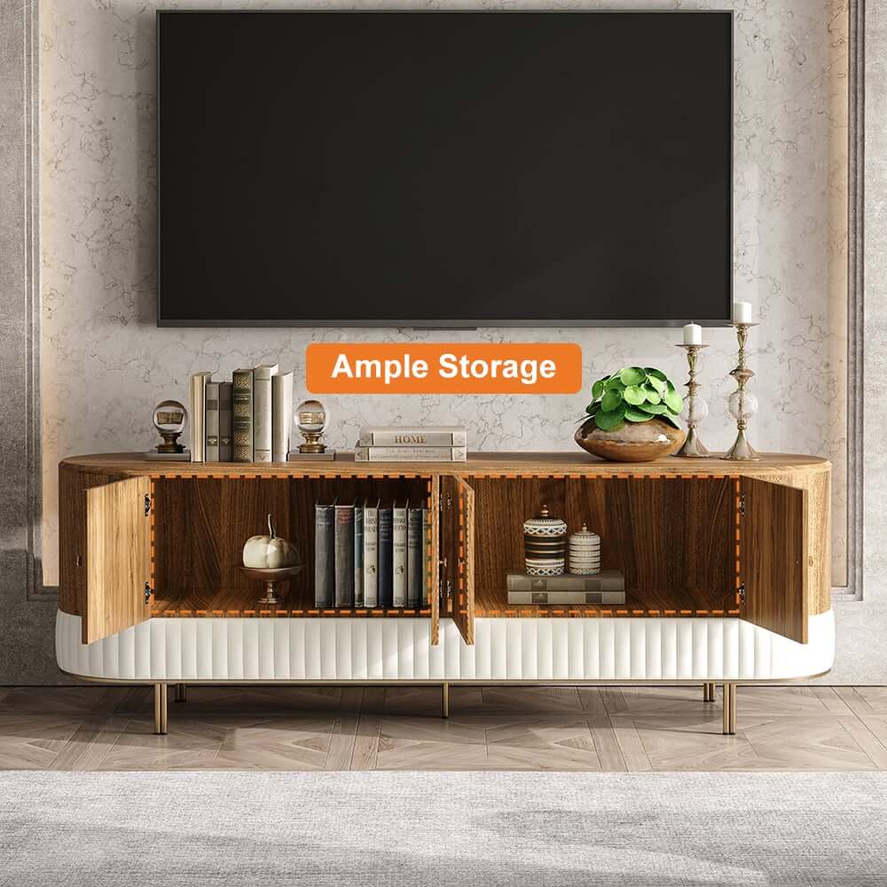 Walnut Stainless Steel TV Stand With Fluted Design