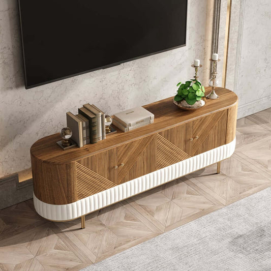 Walnut Stainless Steel TV Stand With Fluted Design