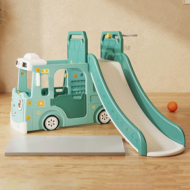 Whimsical Bus-Shaped Play System with Slide, Swing & Climbing Platform