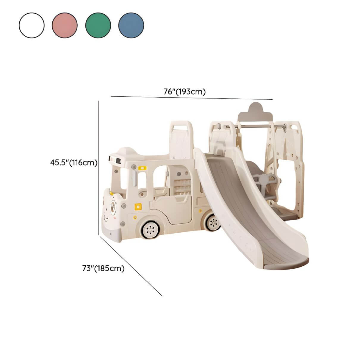 Whimsical Bus-Shaped Play System with Slide, Swing & Climbing Platform Dimensions