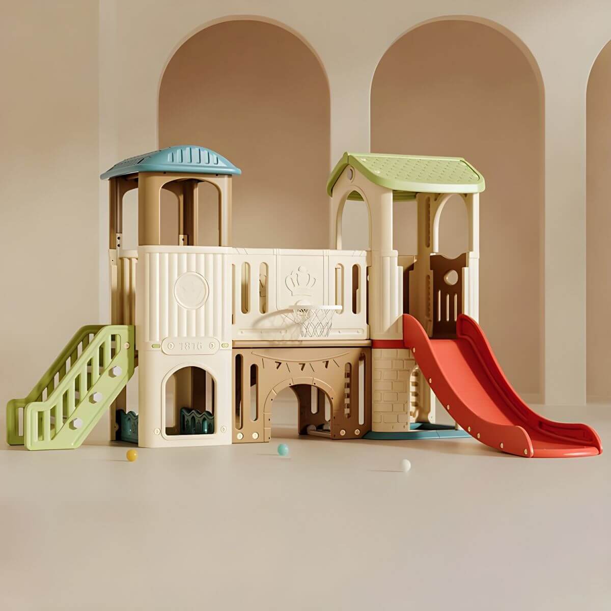 Whimsical Indoor Play Castle with Slide, Stairs & Basketball Hoop