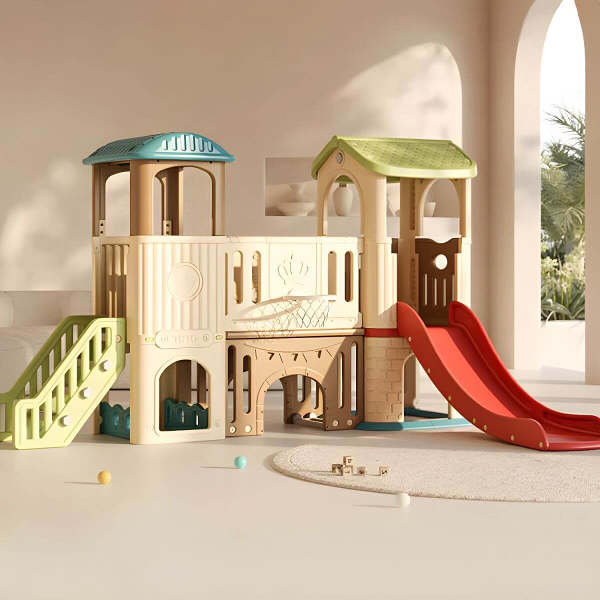 Whimsical Indoor Play Castle with Slide, Stairs & Basketball Hoop