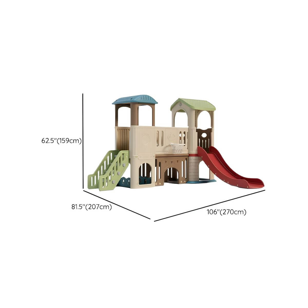 Whimsical Indoor Play Castle with Slide, Stairs & Basketball Hoop Dimensions