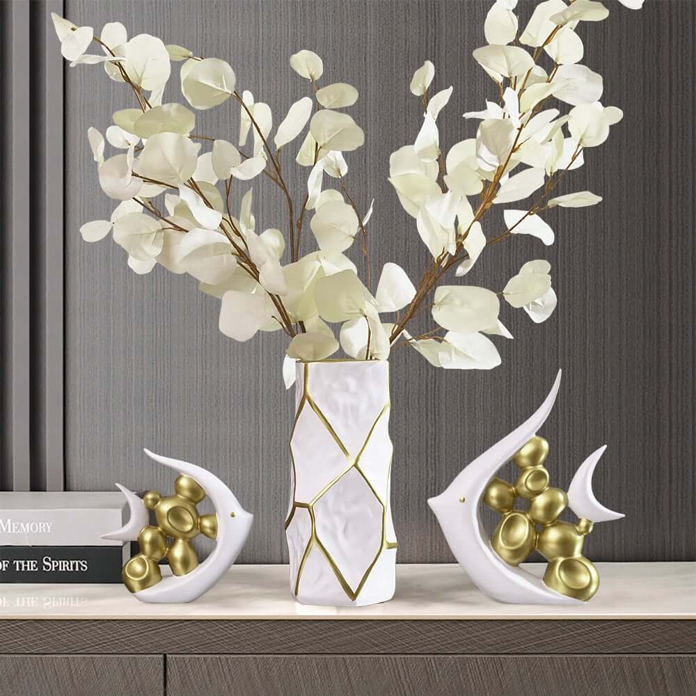 White and Gold Artificial Floral Arrangement with Resin Fish Planter Main Product Image