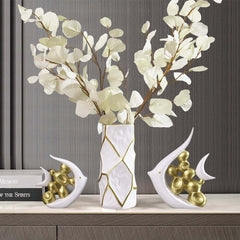 White and Gold Artificial Floral Arrangement with Resin Fish Planter Main Product Image