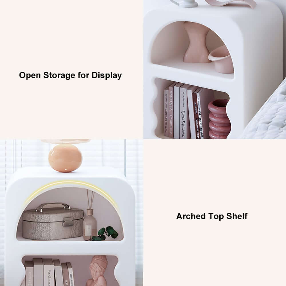 White Art Deco Nightstand With Open Shelves