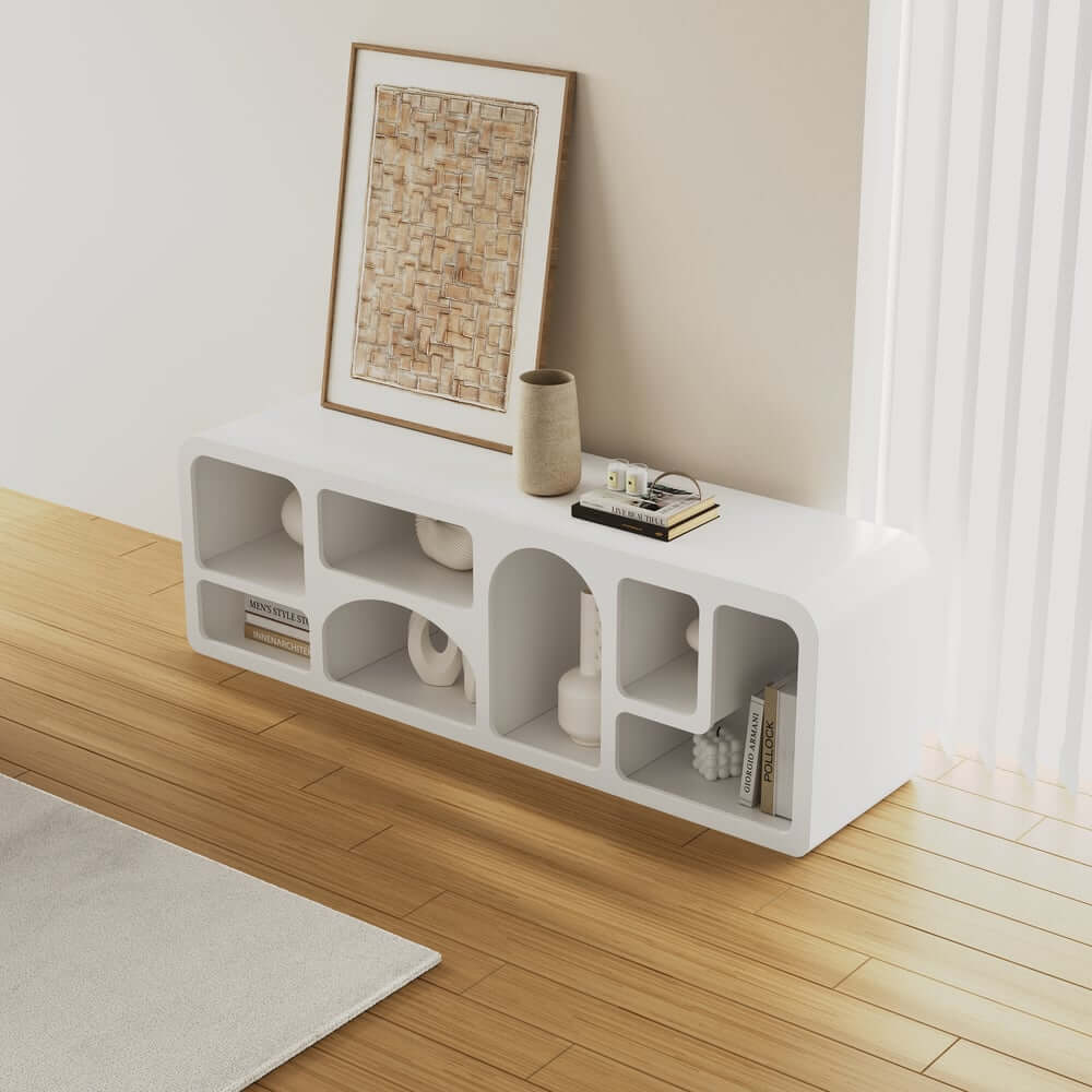 White Art Deco TV Stand With Open Storage For 60-69 Inch TVs