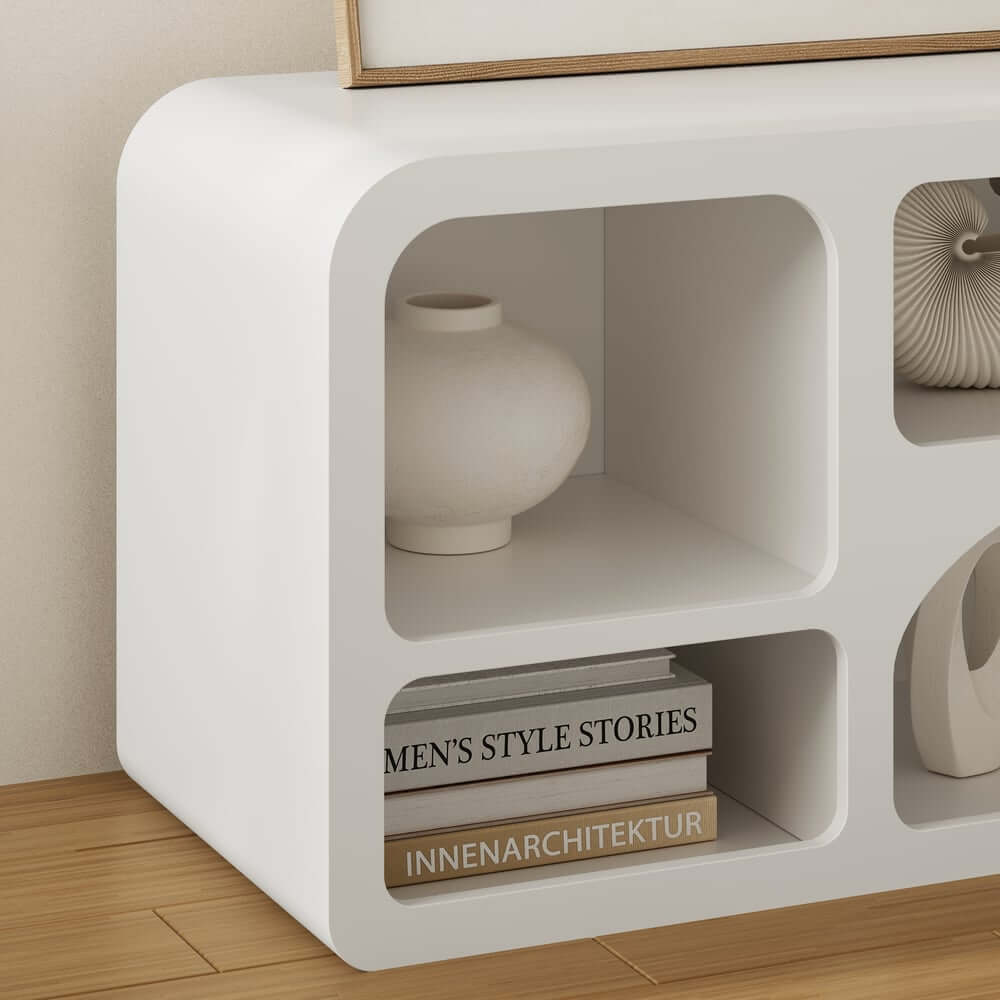 White Art Deco TV Stand With Open Storage For 60-69 Inch TVs