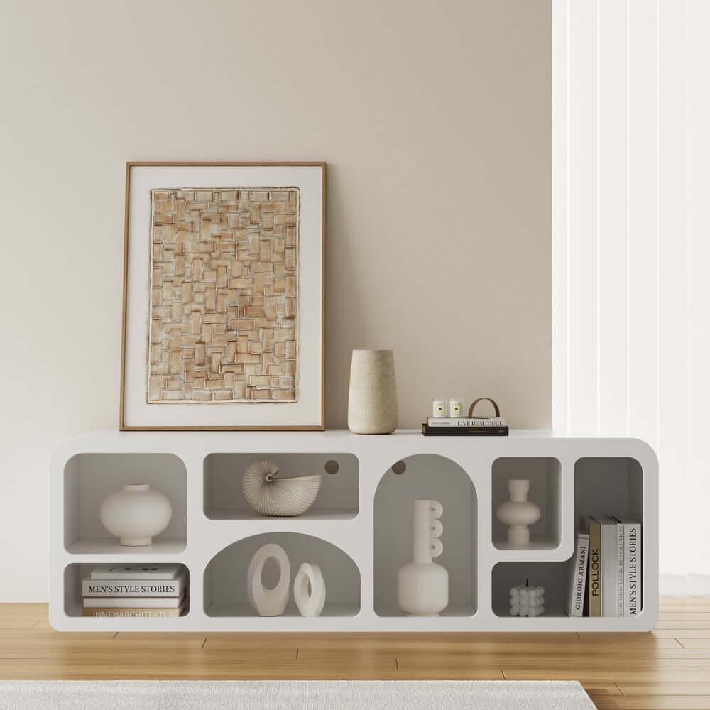 White Art Deco TV Stand With Open Storage For 60-69 Inch TVs
