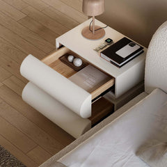 White Boucle Platform Bed with Smart Charging Nightstands