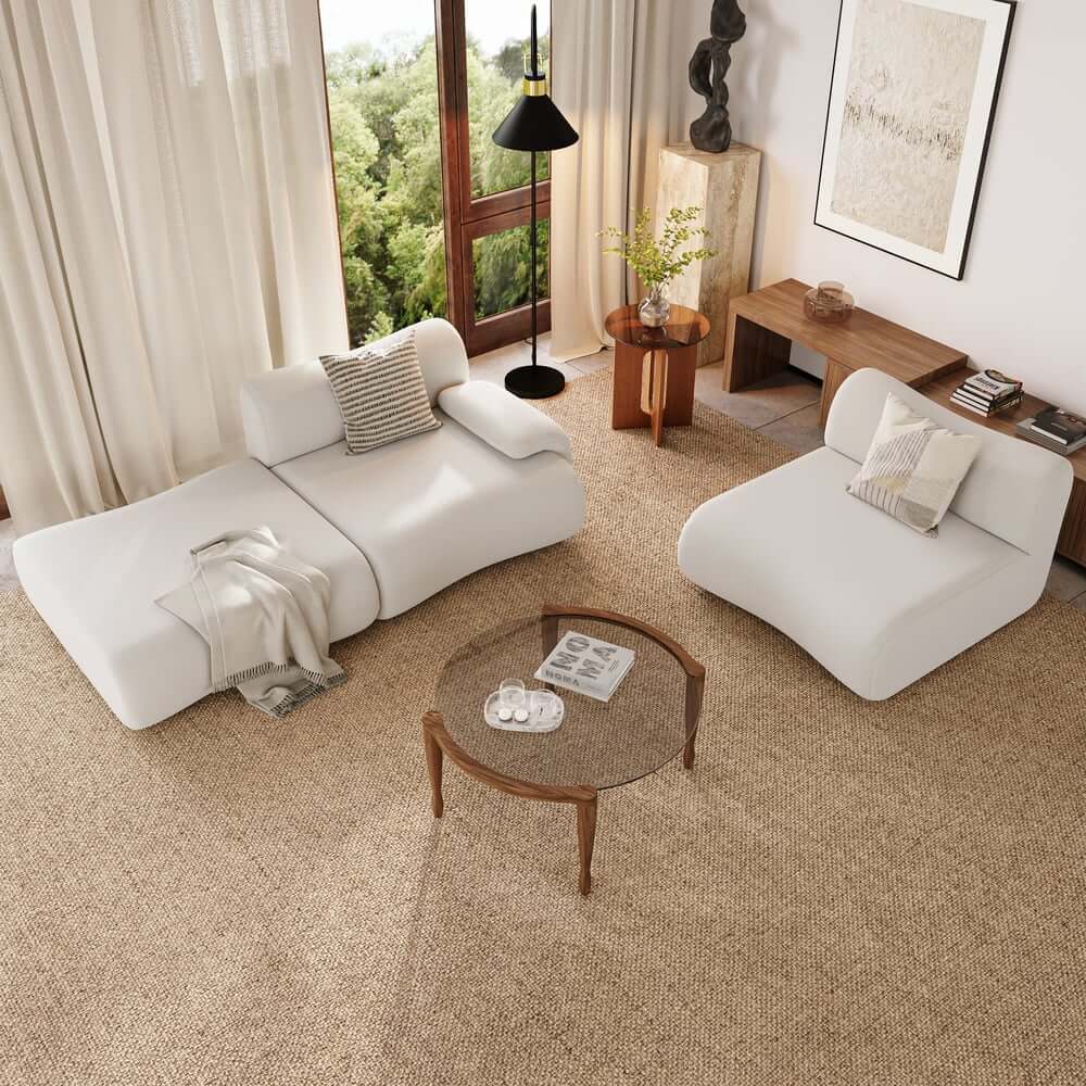 White Curved Boucle Modular Sofa With Ottoman