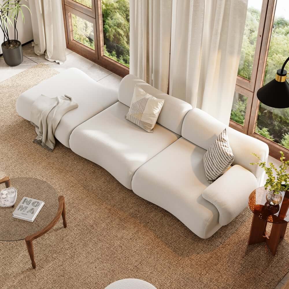 White Curved Boucle Modular Sofa With Ottoman
