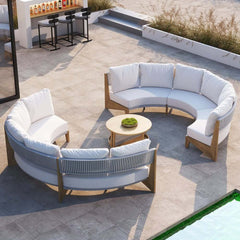 White Farmhouse Outdoor Sectional Sofa Set with Stainless Steel Coffee Tables