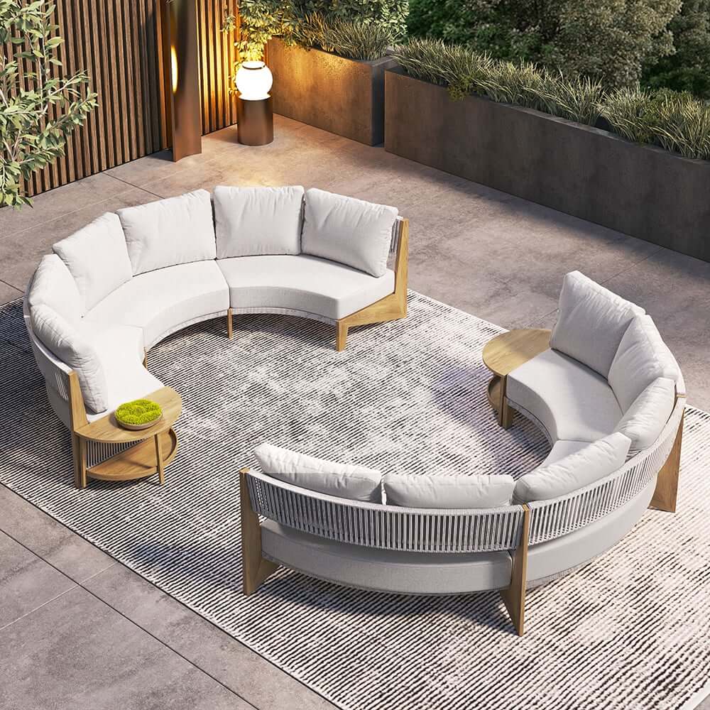 White Farmhouse Outdoor Sectional Sofa Set with Stainless Steel Coffee Tables