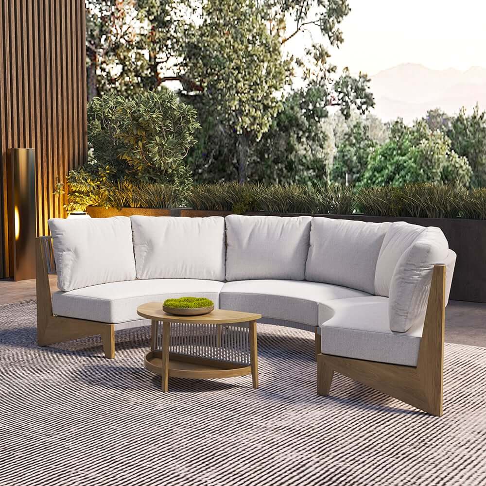 White Farmhouse Outdoor Sectional Sofa Set with Stainless Steel Coffee Tables